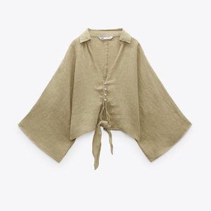 LINEN SHIRT WITH KNOT - Khaki | ZARA